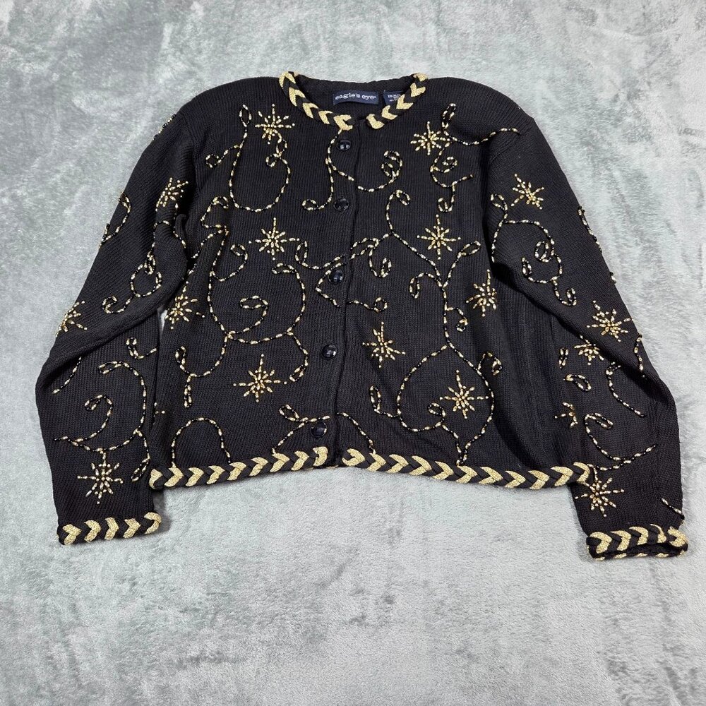 Vintage Eagles Eye Cardigan Womens Medium Black Gold Beaded Holiday Party Glam